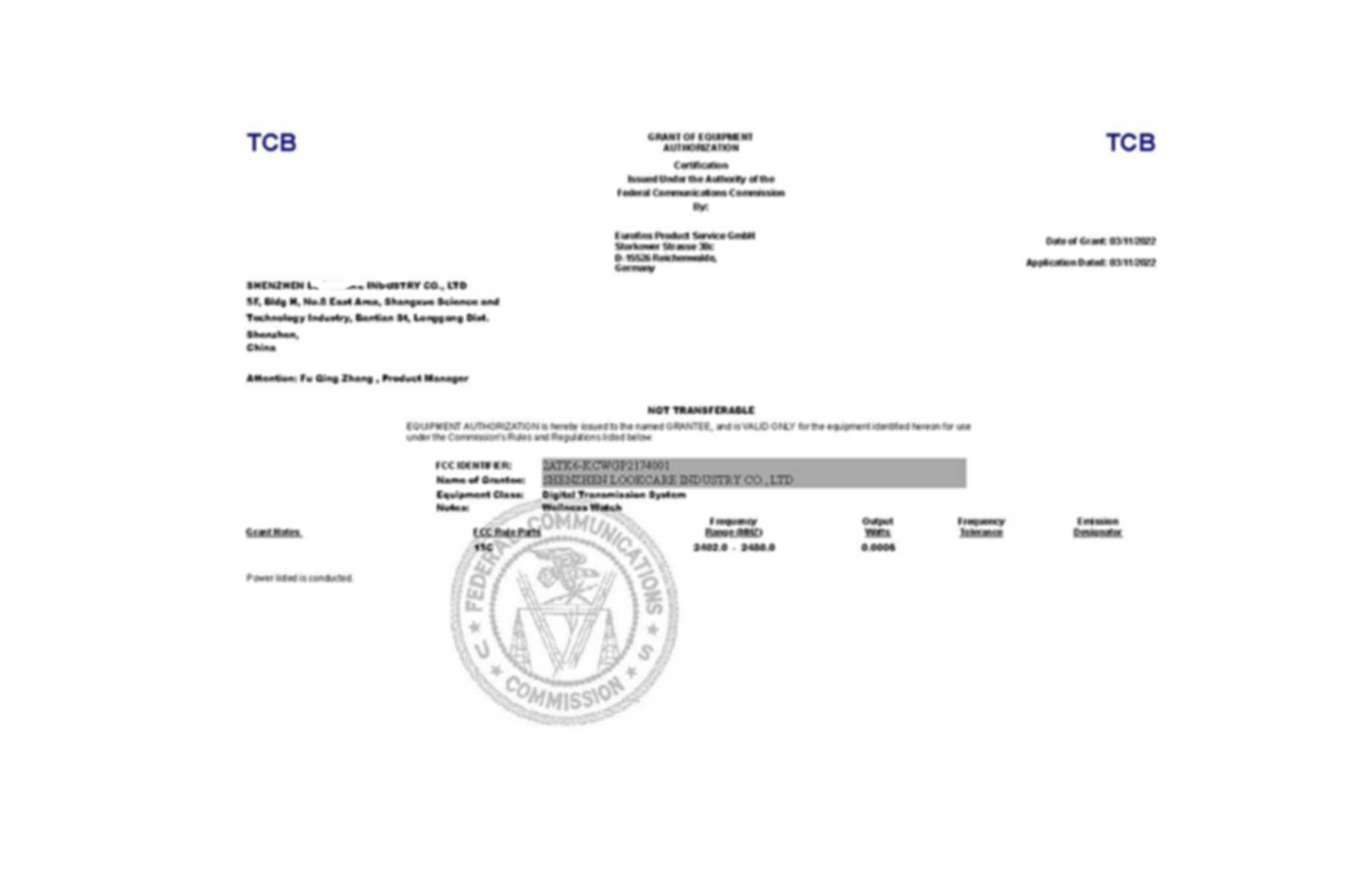 Smart Watch FCC Certificate